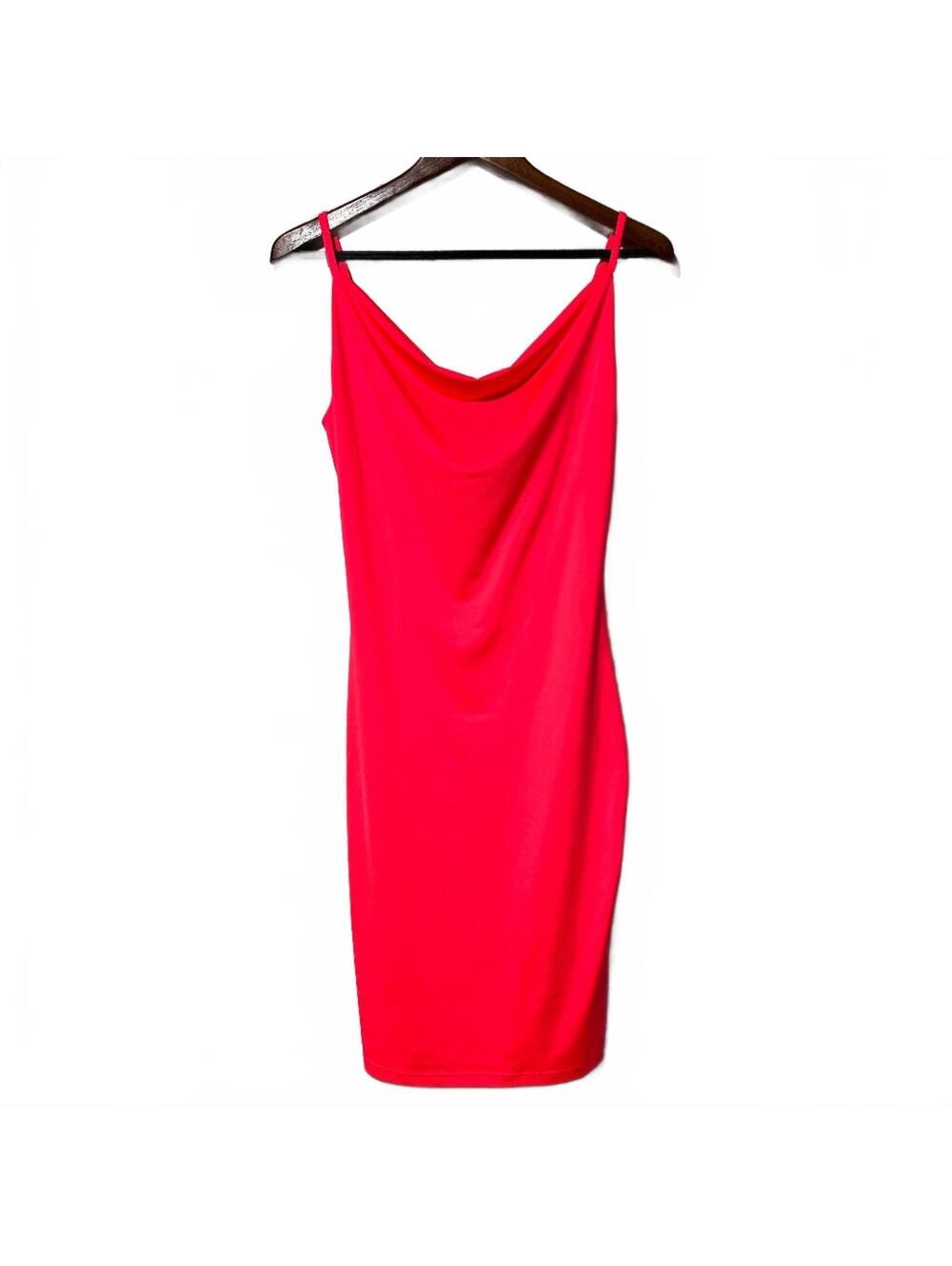 OLIA Bodycon Midi Dress Cowl Neck Hot Neon Pink Medium USA made Sleek 90s
